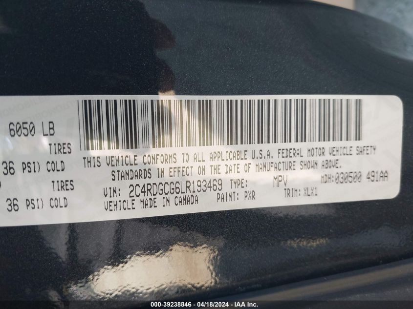 2020 Dodge Grand Caravan Sxt VIN: 2C4RDGCG6LR193469 Lot: 39238846