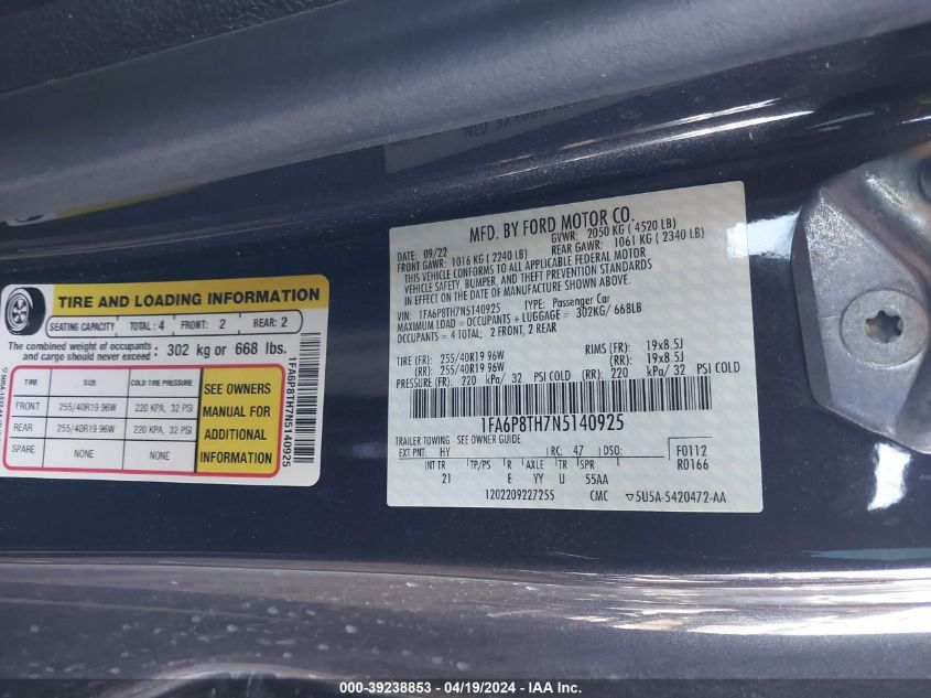 2022 Ford Mustang Ecoboost Fastback VIN: 1FA6P8TH7N5140925 Lot: 39238853
