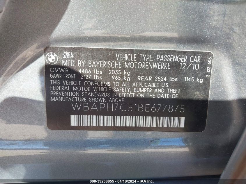 2011 BMW 328I VIN: WBAPH7C51BE677875 Lot: 39238855