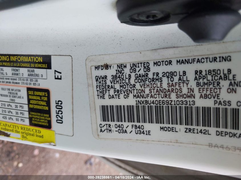 2009 Toyota Corolla Le VIN: 1NXBU40E69Z103313 Lot: 39238861