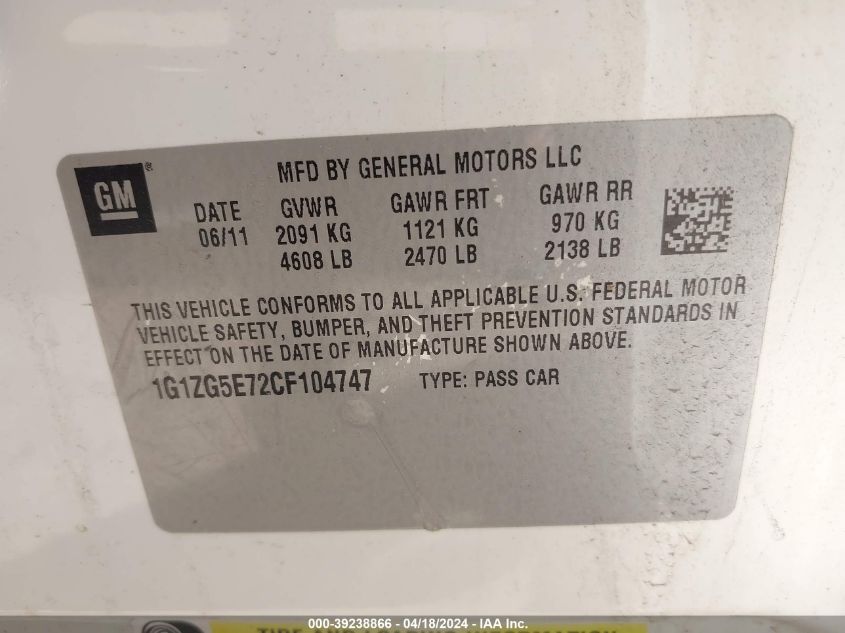 1G1ZG5E72CF104747 | 2012 CHEVROLET MALIBU