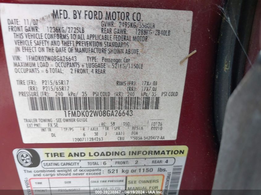 1FMDK02W08GA26643 | 2008 FORD TAURUS X