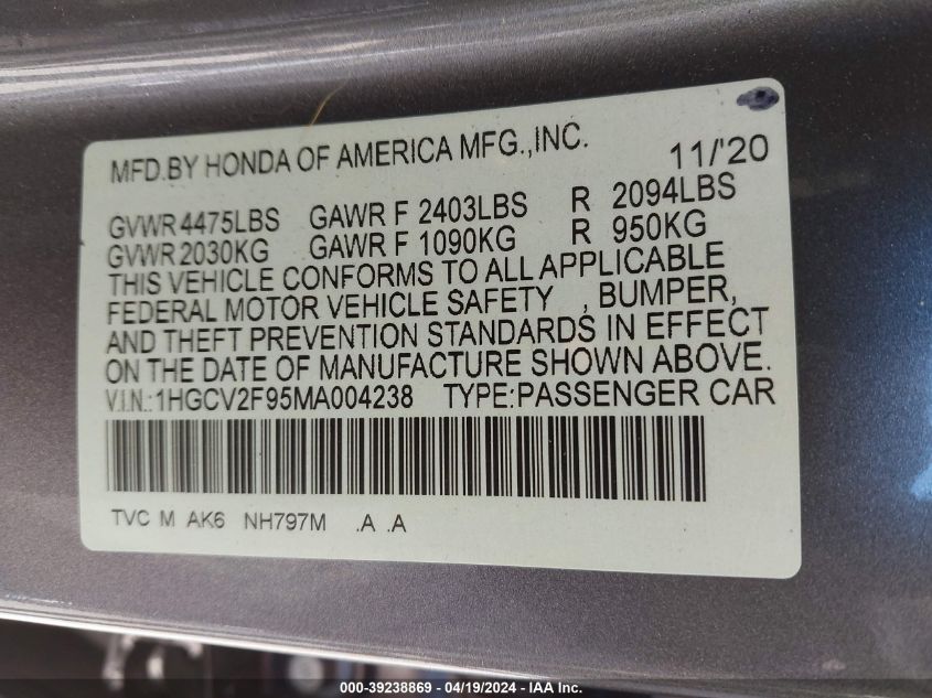 2021 Honda Accord Touring VIN: 1HGCV2F95MA004238 Lot: 39238869
