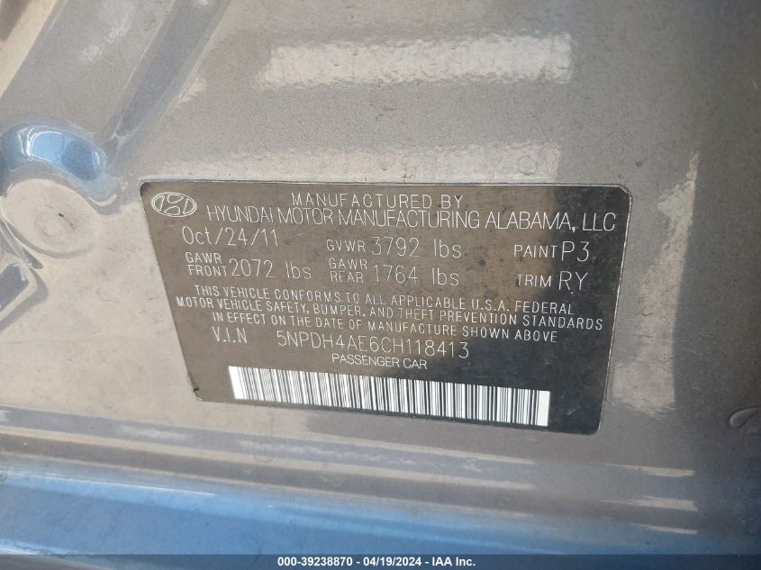 2012 Hyundai Elantra Limited VIN: 5NPDH4AE6CH118413 Lot: 39238870