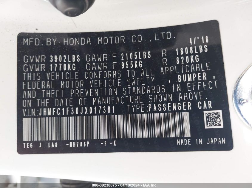 2018 Honda Civic Ex-T VIN: JHMFC1F30JX017381 Lot: 39238875