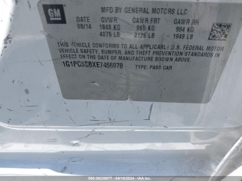 2014 Chevrolet Cruze 1Lt Auto VIN: 1G1PC5SBXE746697 Lot: 39238877