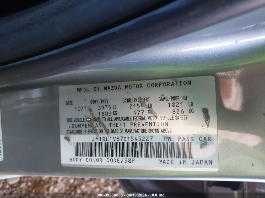 2012 Mazda Mazda3 I Touring VIN: JM1BL1V87C1545227 Lot: 39238888