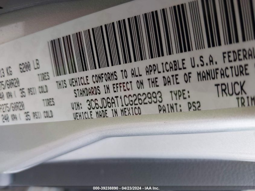 2012 Ram 1500 St VIN: 3C6JD6AT1CG262993 Lot: 39238890