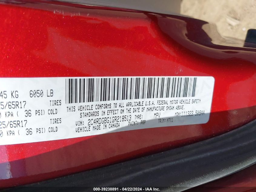 2016 Dodge Grand Caravan Se VIN: 2C4RDGBG1GR218513 Lot: 39238891