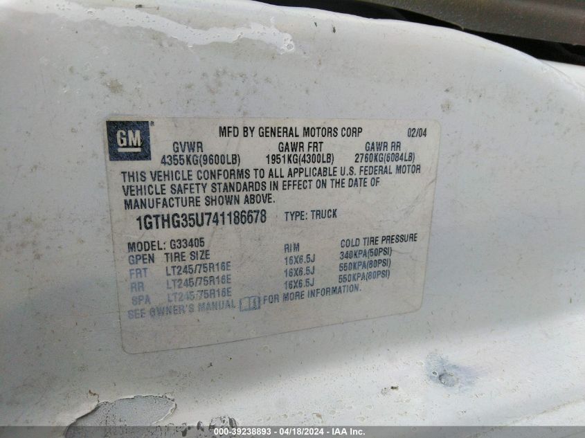 2004 GMC Savana Standard VIN: 1GTHG35U741186678 Lot: 39238893