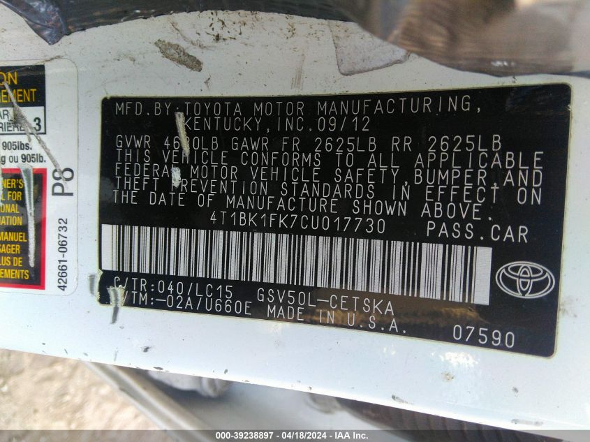 2012 Toyota Camry Se V6 VIN: 4T1BK1FK7CU017730 Lot: 39238897