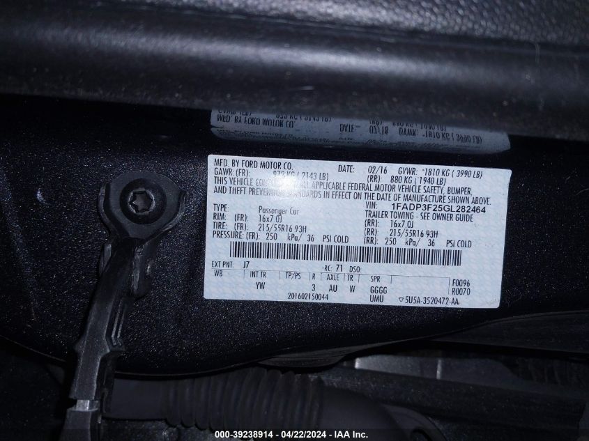 2016 Ford Focus Se VIN: 1FADP3F25GL282464 Lot: 39238914