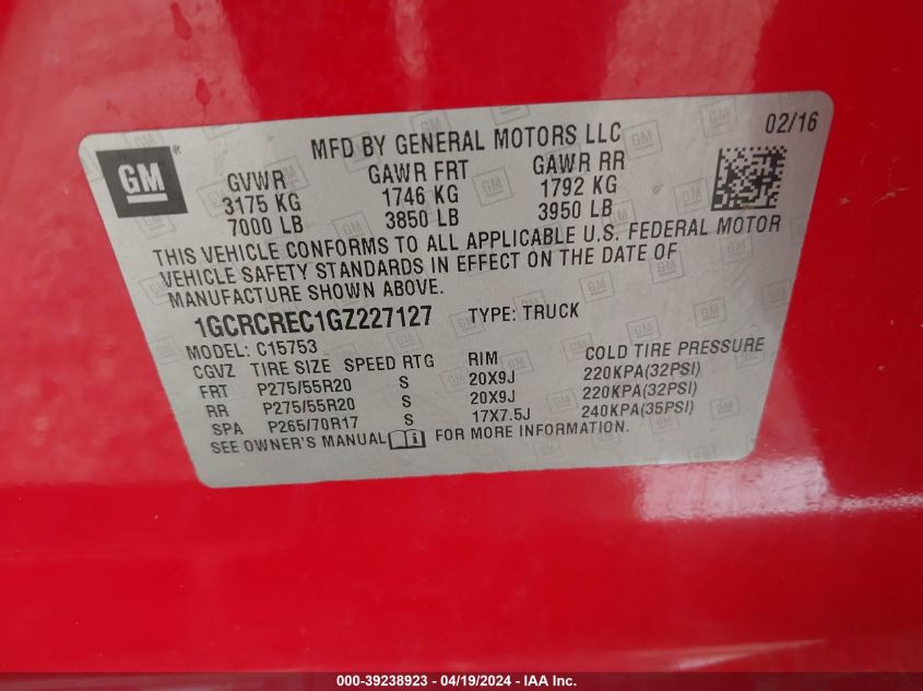 2016 Chevrolet Silverado 1500 1Lt VIN: 1GCRCREC1GZ227127 Lot: 39238923