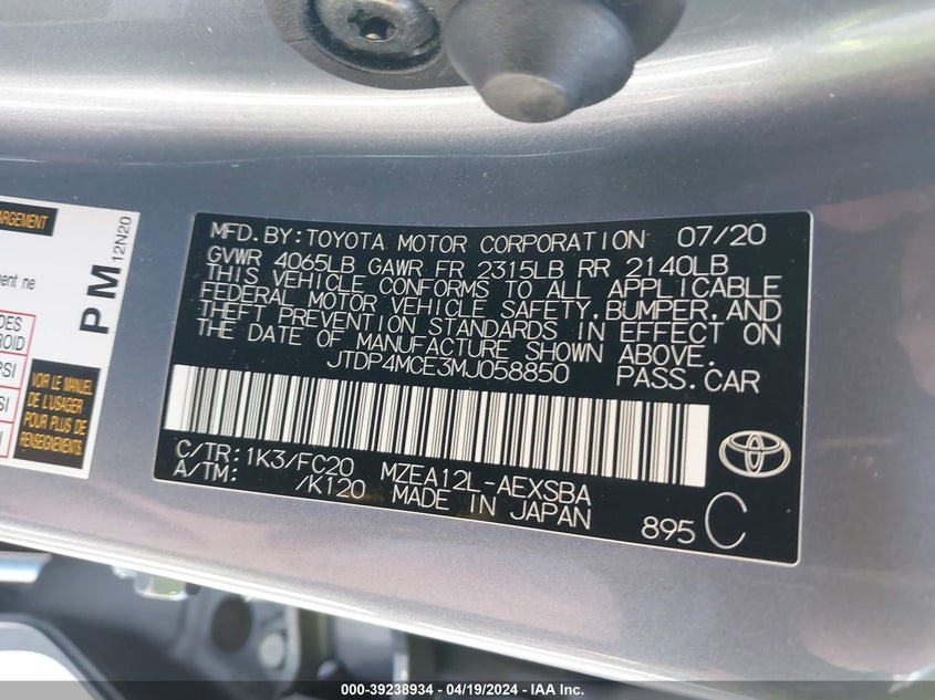 VIN JTDP4MCE3MJ058850 2021 TOYOTA COROLLA SE