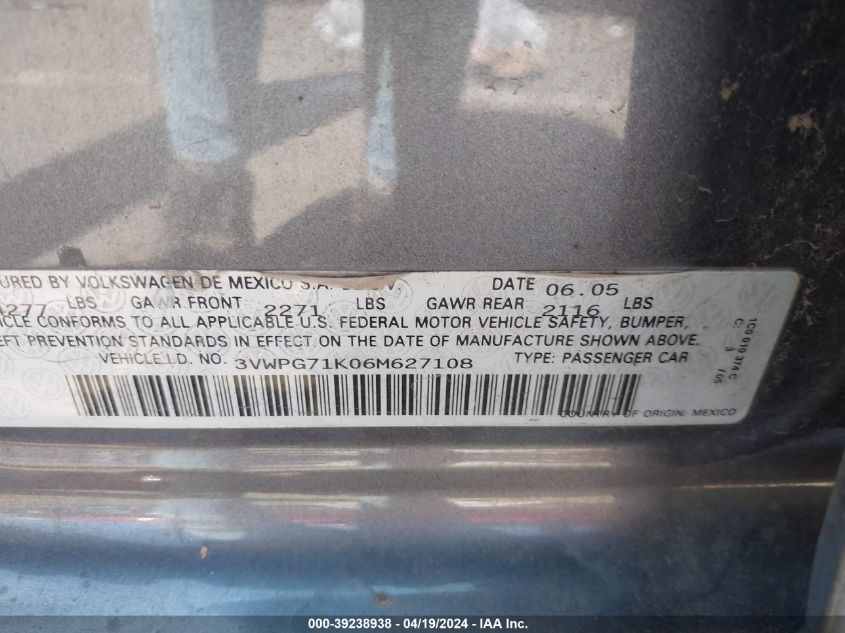 2006 Volkswagen Jetta Value Edition VIN: 3VWPG71K06M627108 Lot: 39238938