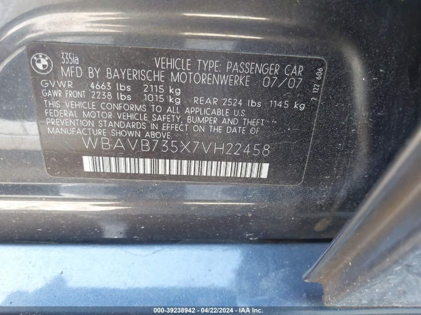 2007 BMW 335I VIN: WBAVB735X7VH22458 Lot: 39238942