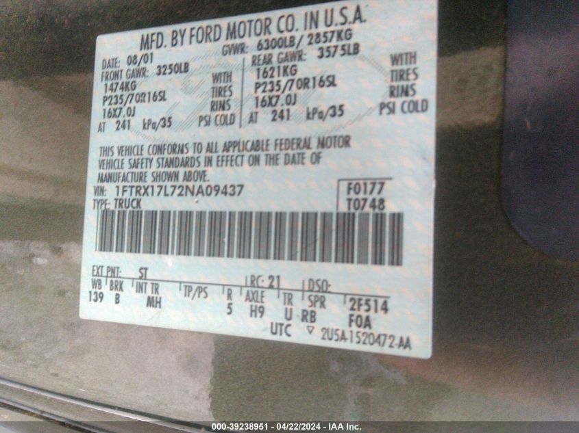 2002 Ford F-150 King Ranch/Lariat/Xl/Xlt VIN: 1FTRX17L72NA09437 Lot: 39238951