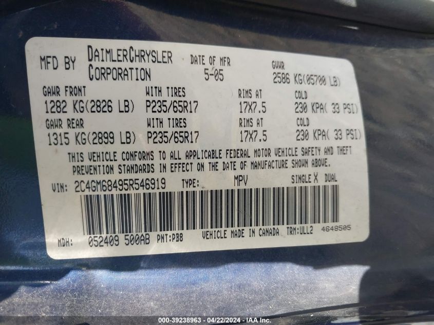 2005 Chrysler Pacifica Touring VIN: 2C4GM68495R546919 Lot: 39238963