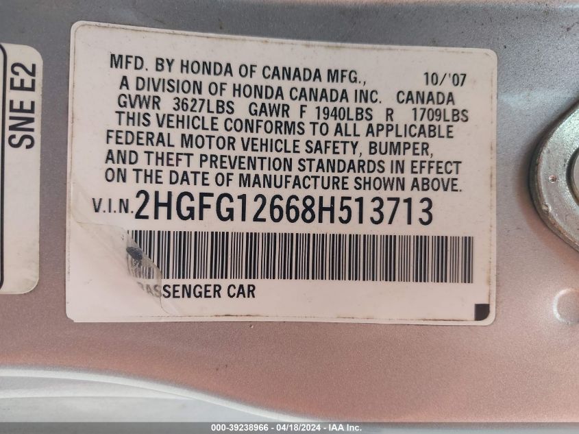 2008 Honda Civic Lx VIN: 2HGFG12668H513713 Lot: 39238966