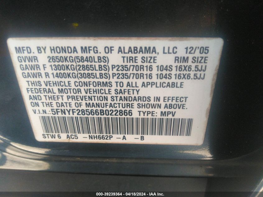 2006 Honda Pilot Ex-L VIN: 5FNYF28566B022866 Lot: 39239364