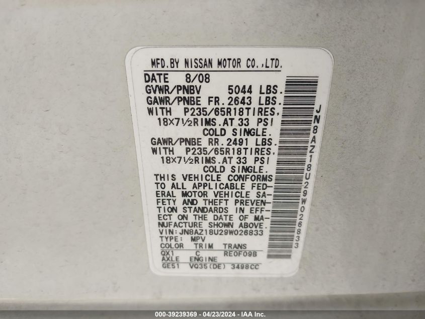 2009 Nissan Murano Sl VIN: JN8AZ18U29W026833 Lot: 39239369