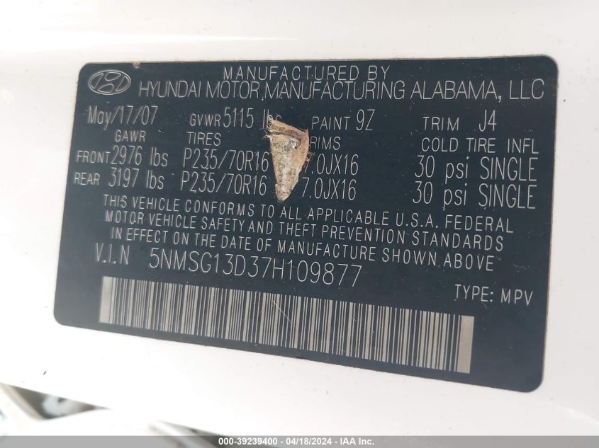 2007 Hyundai Santa Fe Gls VIN: 5NMSG13D37H109877 Lot: 39239400