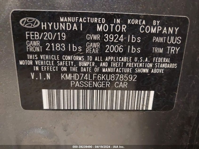 2019 Hyundai Elantra Se VIN: KMHD74LF6KU878592 Lot: 39239490
