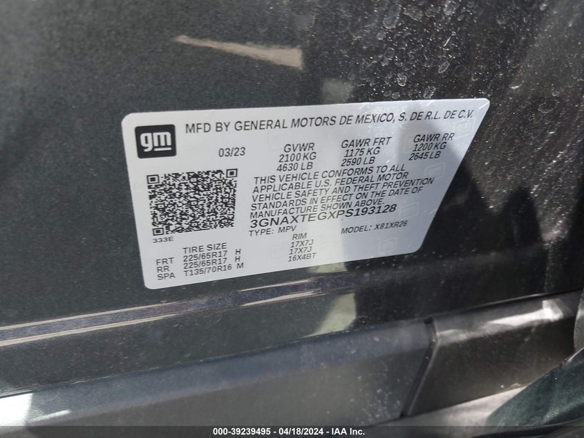 VIN 3GNAXTEGXPS193128 2023 CHEVROLET EQUINOX AWD 2FL