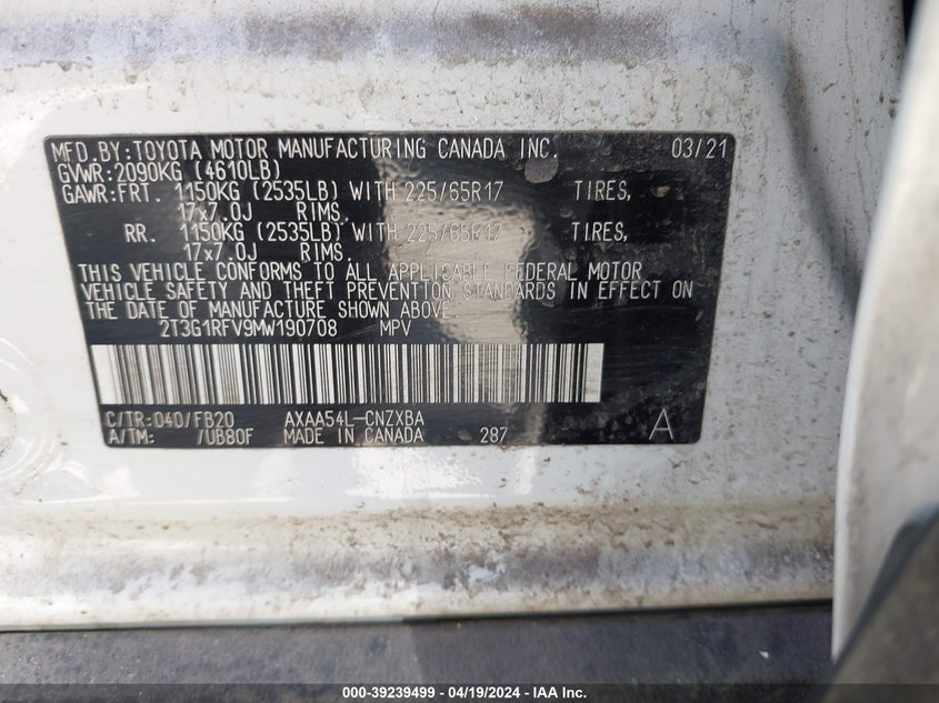 VIN 2T3G1RFV9MW190708 2021 TOYOTA RAV4 LE
