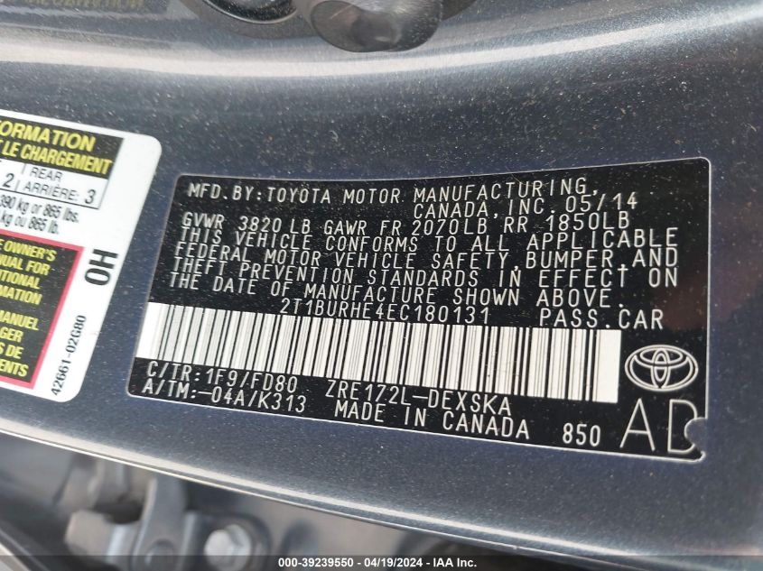 2014 Toyota Corolla S Plus VIN: 2T1BURHE4EC180131 Lot: 39239550