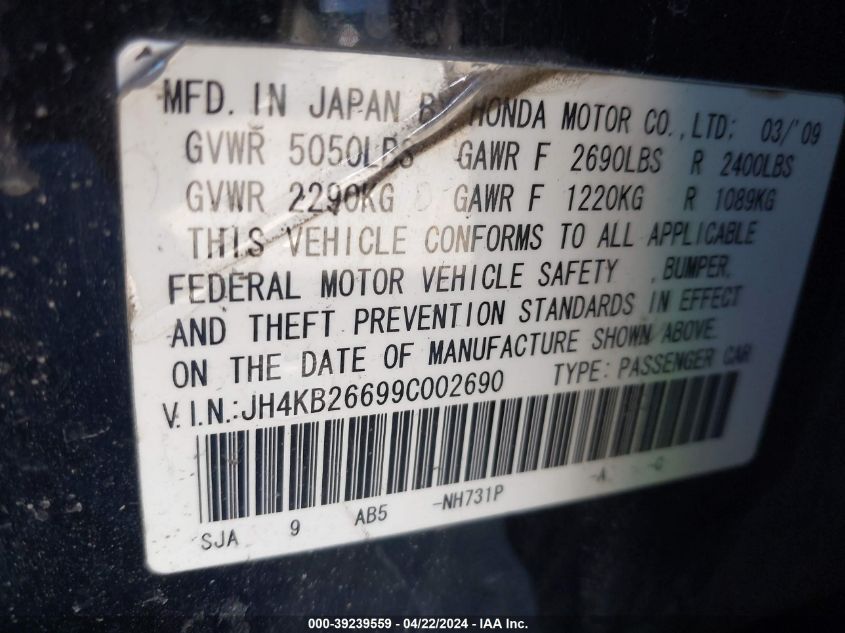 2009 Acura Rl 3.7 VIN: JH4KB26699C002690 Lot: 39239559