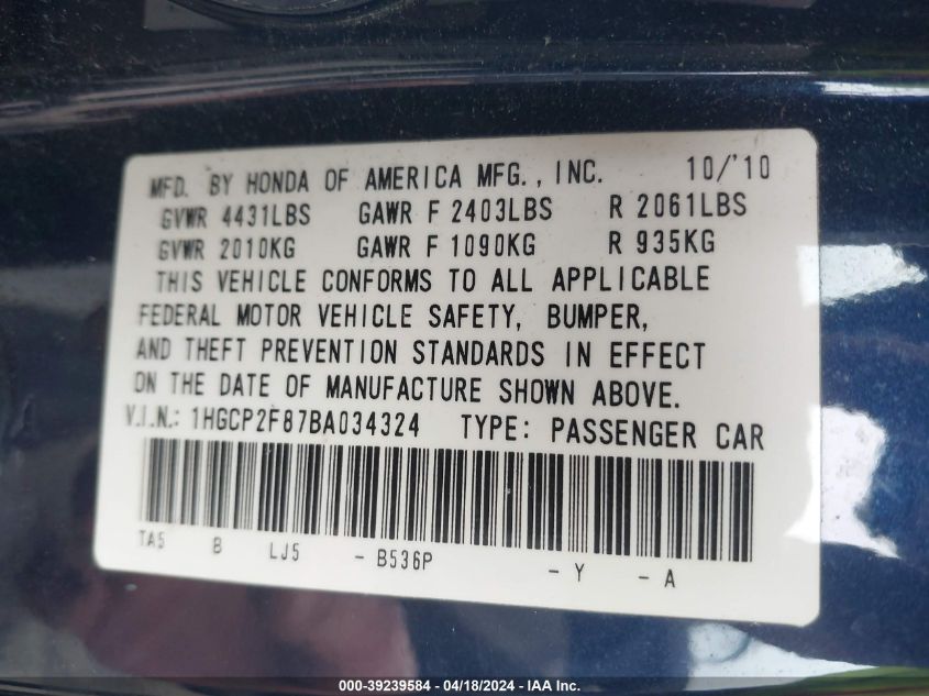 1HGCP2F87BA034324 | 2011 HONDA ACCORD