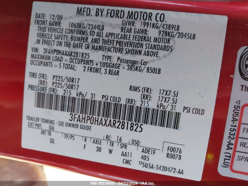 2010 Ford Fusion Se VIN: 3FAHP0HAXAR281825 Lot: 39239585