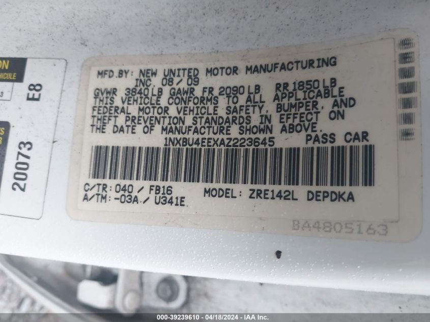 2010 Toyota Corolla VIN: 1NXBU4EEXAZ223645 Lot: 39239610