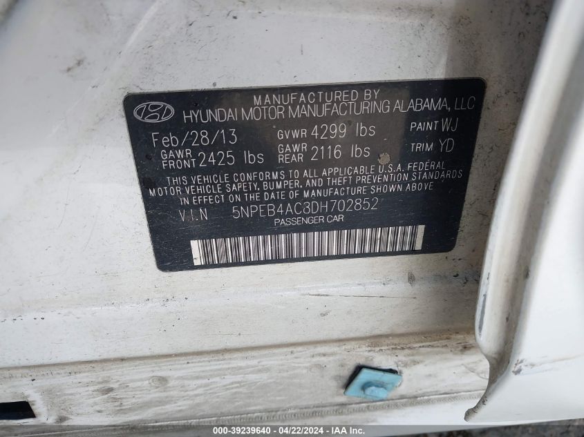 2013 Hyundai Sonata Gls VIN: 5NPEB4AC8DH702852 Lot: 39239640