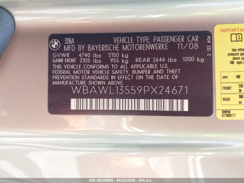 2009 BMW 328I VIN: WBAWL13559PX24671 Lot: 39239649