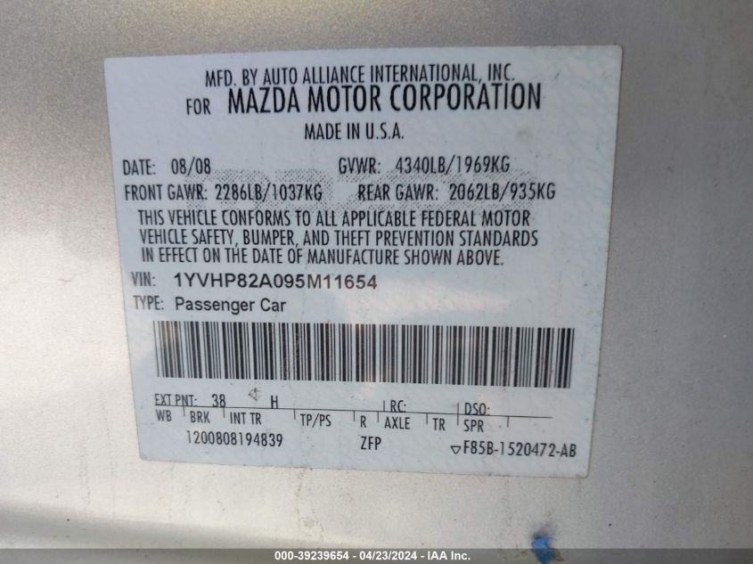 1YVHP82A095M11654 | 2009 MAZDA MAZDA6