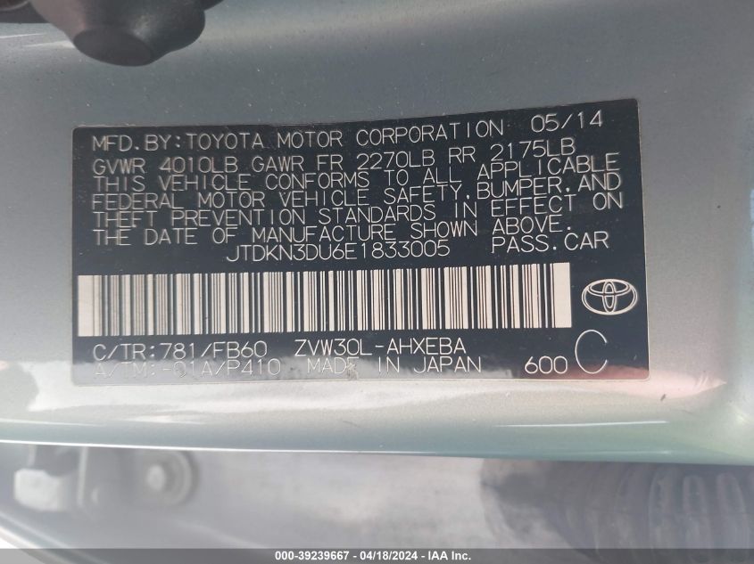 JTDKN3DU6E1833005 | 2014 TOYOTA PRIUS