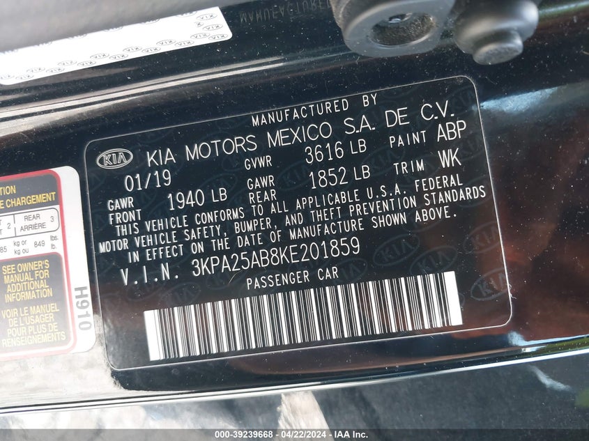 VIN 3KPA25AB8KE201859 2019 KIA RIO 5-DOOR S