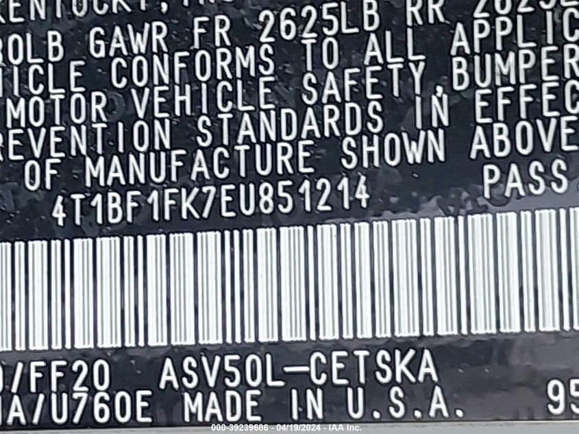 2014 Toyota Camry Se Sport VIN: 4T1BF1FK7EU851214 Lot: 39239686