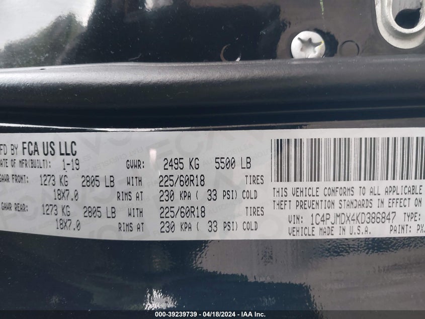 VIN 1C4PJMDX4KD386847 2019 JEEP CHEROKEE LIMITED 4X4