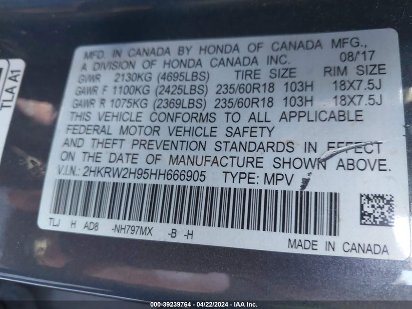 2017 HONDA CR-V TOURING - 2HKRW2H95HH666905