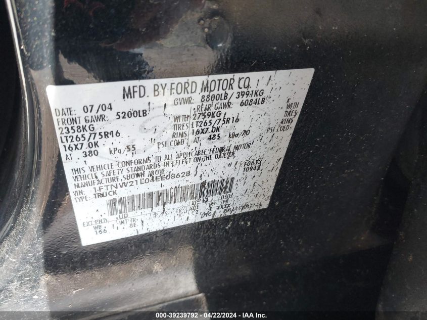 2004 Ford F-250 Lariat/Xl/Xlt VIN: 1FTNW21L04EE08628 Lot: 39239792