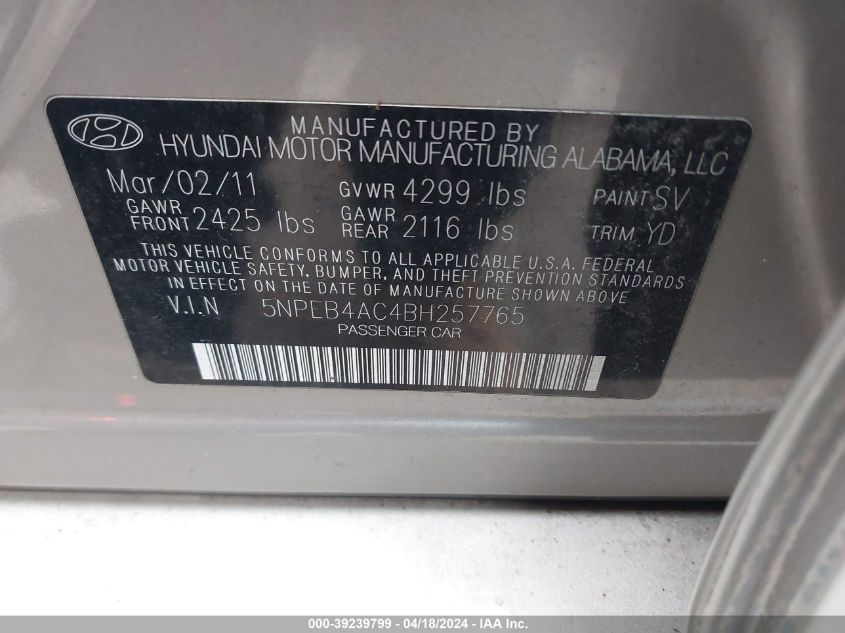 5NPEB4AC4BH257765 | 2011 HYUNDAI SONATA