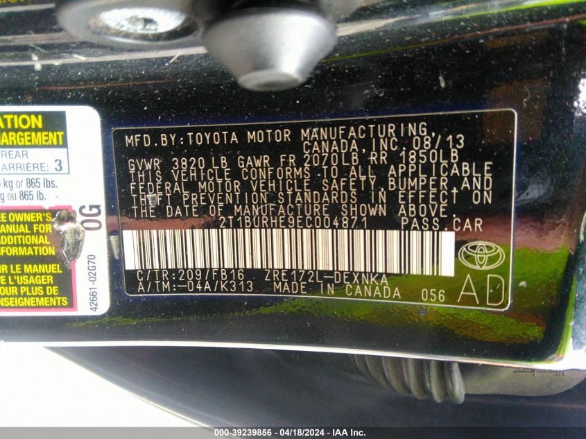 2014 Toyota Corolla Le Plus VIN: 2T1BURHE9EC004871 Lot: 39253677