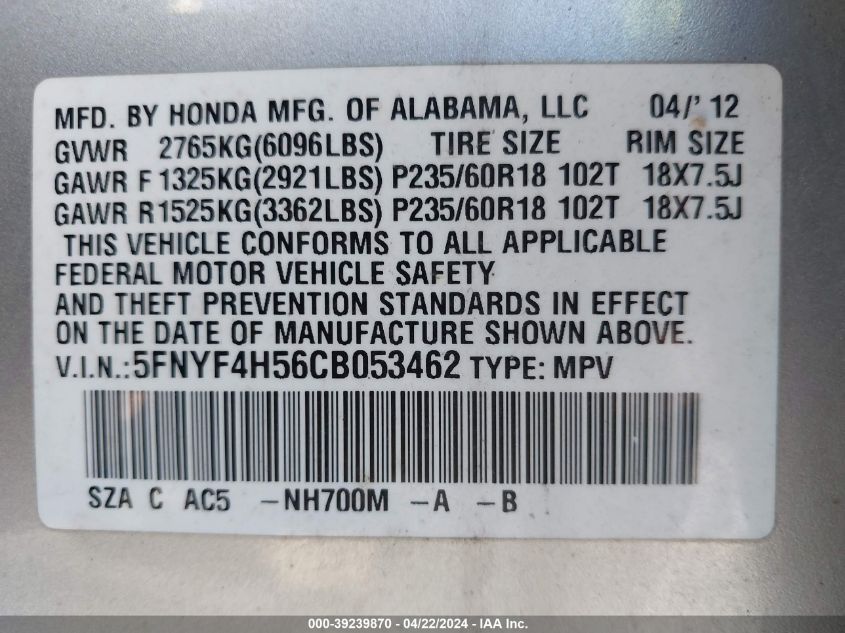 2012 Honda Pilot Ex-L VIN: 5FNYF4H56CB053462 Lot: 39239870