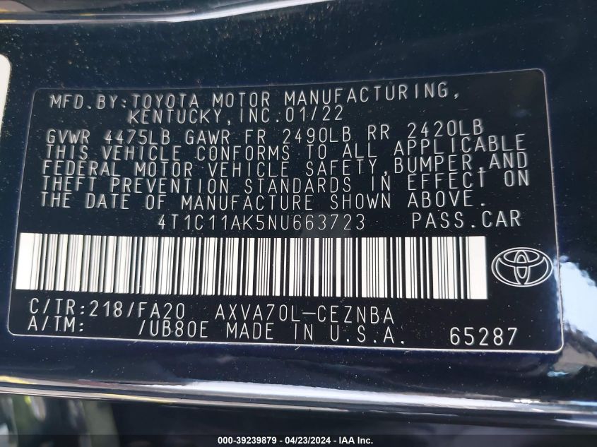 4T1C11AK5NU663723 | 2022 TOYOTA CAMRY