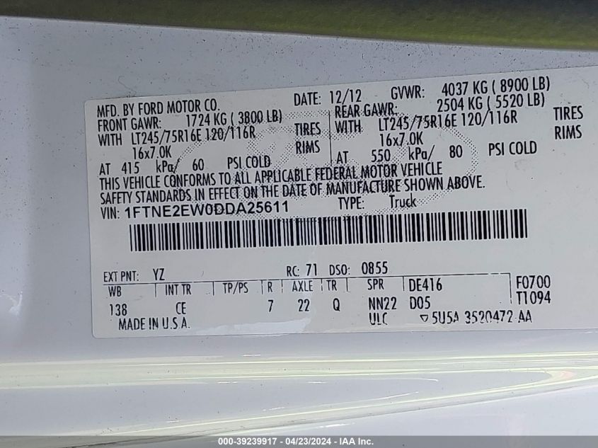 2013 FORD E-250 COMMERCIAL - 1FTNE2EW0DDA25611