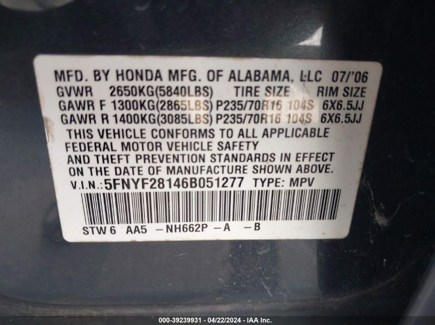 2006 Honda Pilot Lx VIN: 5FNYF28146B051277 Lot: 39239931