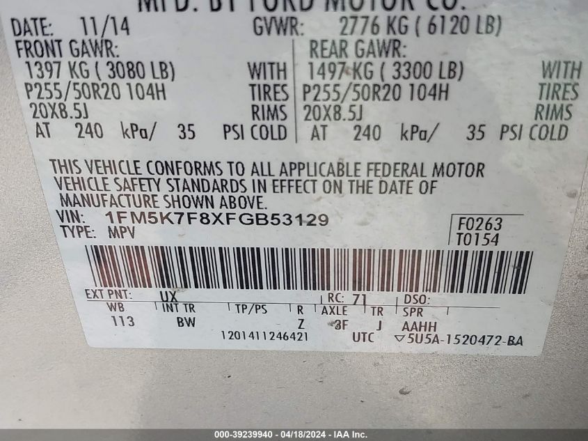 2015 Ford Explorer Limited VIN: 1FM5K7F8XFGB53129 Lot: 39239940